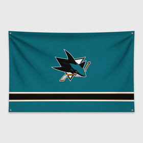 Флаг-баннер с принтом Сан-Хосе Шаркс (Форма1) , 100% полиэстер | размер 67 х 109 см, плотность ткани — 95 г/м2; по краям флага есть четыре люверса для крепления | акула | нхл | сан хосе шаркс | хоккей | шаркс форма