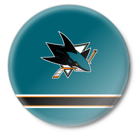 Значок с принтом Сан-Хосе Шаркс (Форма1) ,  металл | круглая форма, металлическая застежка в виде булавки | акула | нхл | сан хосе шаркс | хоккей | шаркс форма