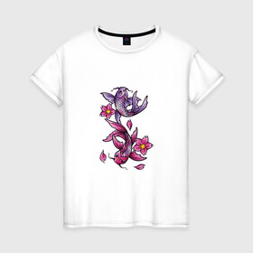Женская футболка хлопок с принтом Рыбы цветы весна , 100% хлопок | прямой крой, круглый вырез горловины, длина до линии бедер, слегка спущенное плечо | весна | двое | нереальное сочетание | пара | подводный мир | рисунок | рыбки | рыбы | узор | фиолетовый | цветы