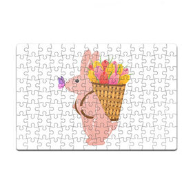 Пазл магнитный 126 элементов с принтом Весенний кролик с цветами , полимерный материал с магнитным слоем | 126 деталей, размер изделия —  180*270 мм | бабочка | зайчик | кролик | тюльпаны | цветы