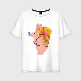 Женская футболка хлопок Oversize с принтом Весенний кролик с цветами , 100% хлопок | свободный крой, круглый ворот, спущенный рукав, длина до линии бедер
 | бабочка | зайчик | кролик | тюльпаны | цветы