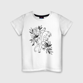 Детская футболка хлопок с принтом кошка с цветами тату  , 100% хлопок | круглый вырез горловины, полуприлегающий силуэт, длина до линии бедер | tatoo | азия | ботаника | луна | скульптура | тату | тренд | цветок | цветы