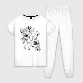 Женская пижама хлопок с принтом кошка с цветами тату  , 100% хлопок | брюки и футболка прямого кроя, без карманов, на брюках мягкая резинка на поясе и по низу штанин | tatoo | азия | ботаника | луна | скульптура | тату | тренд | цветок | цветы