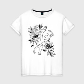 Женская футболка хлопок с принтом кошка с цветами тату  , 100% хлопок | прямой крой, круглый вырез горловины, длина до линии бедер, слегка спущенное плечо | tatoo | азия | ботаника | луна | скульптура | тату | тренд | цветок | цветы