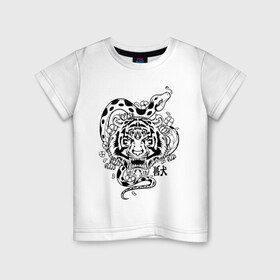 Детская футболка хлопок с принтом тигр и змея  , 100% хлопок | круглый вырез горловины, полуприлегающий силуэт, длина до линии бедер | tatoo | ботаника | змея | иероглифы | тату | тигр | тренд | цветок