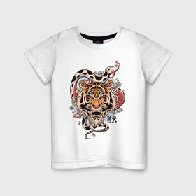 Детская футболка хлопок с принтом тигр  со змеей  , 100% хлопок | круглый вырез горловины, полуприлегающий силуэт, длина до линии бедер | tatoo | ботаника | змея | иероглифы | тату | тигр | тренд | цветок