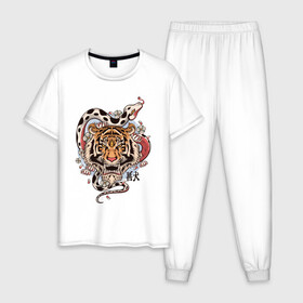 Мужская пижама хлопок с принтом тигр  со змеей  , 100% хлопок | брюки и футболка прямого кроя, без карманов, на брюках мягкая резинка на поясе и по низу штанин
 | tatoo | ботаника | змея | иероглифы | тату | тигр | тренд | цветок
