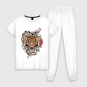 Женская пижама хлопок с принтом тигр  со змеей  , 100% хлопок | брюки и футболка прямого кроя, без карманов, на брюках мягкая резинка на поясе и по низу штанин | tatoo | ботаника | змея | иероглифы | тату | тигр | тренд | цветок