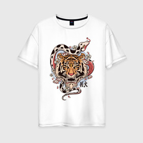 Женская футболка хлопок Oversize с принтом тигр  со змеей  , 100% хлопок | свободный крой, круглый ворот, спущенный рукав, длина до линии бедер
 | tatoo | ботаника | змея | иероглифы | тату | тигр | тренд | цветок