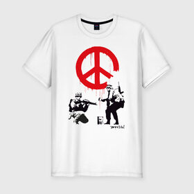 Мужская футболка хлопок Slim с принтом Make peace no war | Banksy , 92% хлопок, 8% лайкра | приталенный силуэт, круглый вырез ворота, длина до линии бедра, короткий рукав | art | banksy | street art | арт | бэнкси | граффити | со смыслом | сосмыслом | стритарт