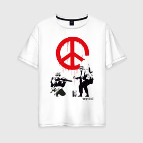 Женская футболка хлопок Oversize с принтом Make peace no war | Banksy , 100% хлопок | свободный крой, круглый ворот, спущенный рукав, длина до линии бедер
 | art | banksy | street art | арт | бэнкси | граффити | со смыслом | сосмыслом | стритарт