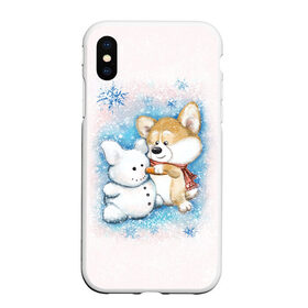 Чехол для iPhone XS Max матовый с принтом Корги и снеговик , Силикон | Область печати: задняя сторона чехла, без боковых панелей | зима | корги | малыш | снеговик | снежинки | собака | щенок