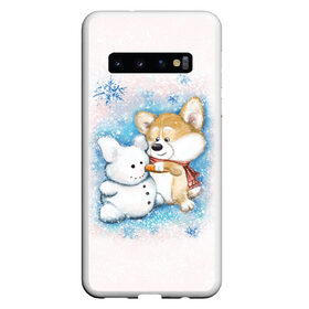 Чехол для Samsung Galaxy S10 с принтом Корги и снеговик , Силикон | Область печати: задняя сторона чехла, без боковых панелей | зима | корги | малыш | снеговик | снежинки | собака | щенок