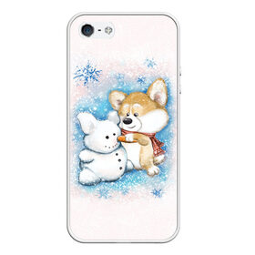 Чехол для iPhone 5/5S матовый с принтом Корги и снеговик , Силикон | Область печати: задняя сторона чехла, без боковых панелей | зима | корги | малыш | снеговик | снежинки | собака | щенок