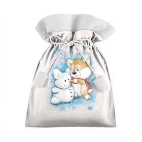 Подарочный 3D мешок с принтом Корги и снеговик , 100% полиэстер | Размер: 29*39 см | зима | корги | малыш | снеговик | снежинки | собака | щенок