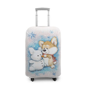 Чехол для чемодана 3D с принтом Корги и снеговик , 86% полиэфир, 14% спандекс | двустороннее нанесение принта, прорези для ручек и колес | зима | корги | малыш | снеговик | снежинки | собака | щенок