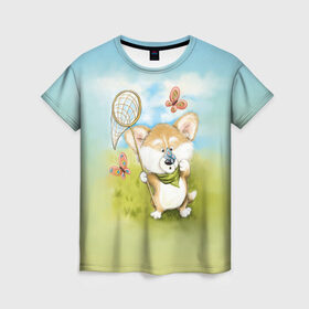 Женская футболка 3D с принтом Корги и бабочка , 100% полиэфир ( синтетическое хлопкоподобное полотно) | прямой крой, круглый вырез горловины, длина до линии бедер | бабочка | корги | лето | малыш | собака | солнце | щенок