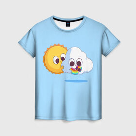 Женская футболка 3D с принтом Ребёнок солнца и дождя , 100% полиэфир ( синтетическое хлопкоподобное полотно) | прямой крой, круглый вырез горловины, длина до линии бедер | детские рисунки | дождь | облако | погода | радуга | ребёнок солнца и дождя | родители | синий фон | солнце