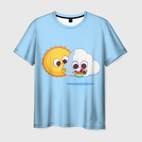Мужская футболка 3D с принтом Ребёнок солнца и дождя , 100% полиэфир | прямой крой, круглый вырез горловины, длина до линии бедер | детские рисунки | дождь | облако | погода | радуга | ребёнок солнца и дождя | родители | синий фон | солнце