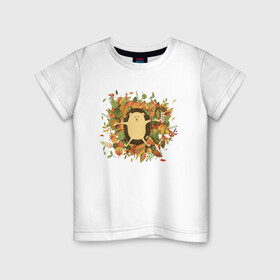 Детская футболка хлопок с принтом Осенний ежик , 100% хлопок | круглый вырез горловины, полуприлегающий силуэт, длина до линии бедер | ёжик | животные | листья | милый ёжик | осень