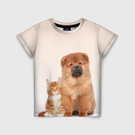 Детская футболка 3D с принтом щенок и котенок друзья , 100% гипоаллергенный полиэфир | прямой крой, круглый вырез горловины, длина до линии бедер, чуть спущенное плечо, ткань немного тянется | ветеринару | друзья | животные домашние | кот | котенок | любителю собак | млекопитающее | мультипликационный персонаж | мультяшная собака | мэй кун | песики | питомцы | псы | собакены | собаки