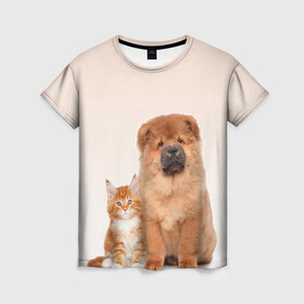 Женская футболка 3D с принтом щенок и котенок друзья , 100% полиэфир ( синтетическое хлопкоподобное полотно) | прямой крой, круглый вырез горловины, длина до линии бедер | ветеринару | друзья | животные домашние | кот | котенок | любителю собак | млекопитающее | мультипликационный персонаж | мультяшная собака | мэй кун | песики | питомцы | псы | собакены | собаки