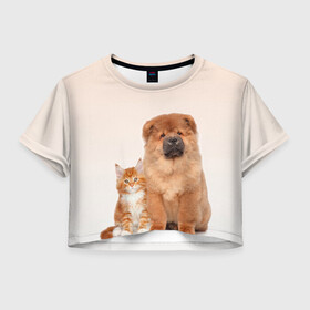 Женская футболка Crop-top 3D с принтом щенок и котенок друзья , 100% полиэстер | круглая горловина, длина футболки до линии талии, рукава с отворотами | ветеринару | друзья | животные домашние | кот | котенок | любителю собак | млекопитающее | мультипликационный персонаж | мультяшная собака | мэй кун | песики | питомцы | псы | собакены | собаки