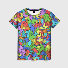 Женская футболка 3D с принтом Разноцветные бабочки , 100% полиэфир ( синтетическое хлопкоподобное полотно) | прямой крой, круглый вырез горловины, длина до линии бедер | 8 марта | бабочка | мотылёк | мотыльки | насекомые | паттерн | радуга