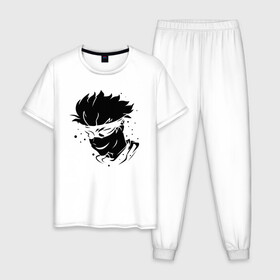 Мужская пижама хлопок с принтом JUJUTSU KAISEN граффити , 100% хлопок | брюки и футболка прямого кроя, без карманов, на брюках мягкая резинка на поясе и по низу штанин
 | Тематика изображения на принте: anime | boy | gg | gojou | jujutsu | kaisen | kun | mag | satoru | superhero | аниме | белое | битва | гг | глаза | глазах | годзё | капли | краски | кун | лицо | маг | магическая | на | персонаж | персонажа | повязка | сатору