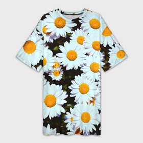 Платье-футболка 3D с принтом Ромашки ,  |  | Тематика изображения на принте: 2021 | бабочка | весенняя | весна | вишня | вселенная | коронавирус | космос | лето | лилия | мимоза | океан | отпуск | роза | розы | ромашка | ромашки | с бабочками | с цветами | сад | сакура | фиалка