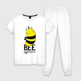 Женская пижама хлопок с принтом Be Different - Прикол с пчелой , 100% хлопок | брюки и футболка прямого кроя, без карманов, на брюках мягкая резинка на поясе и по низу штанин | Тематика изображения на принте: art | bee | cute | hornet | lettering | pun | retro | vintage | wasp | арт | будь другим | будь разным | винтаж | все разные | выделяйся | игра слов | иллюстрация | каламбур | леттеринг | насекомое | оса | отличайся | пчела | пчелка