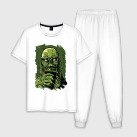 Мужская пижама хлопок с принтом Болотный монстр с коктейлем , 100% хлопок | брюки и футболка прямого кроя, без карманов, на брюках мягкая резинка на поясе и по низу штанин
 | Тематика изображения на принте: 666 | astral | beast | bloody | creep | evil dead | funny | halloween | horror merch | milk shake | milkshake | monster | pinhead | scream | swamp | terror noise | астрал | болото | герои ужаса | молочный коктейль | прикол | трубочка | ужасы | 