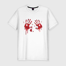 Мужская футболка хлопок Slim с принтом Кровавые отпечатки рук , 92% хлопок, 8% лайкра | приталенный силуэт, круглый вырез ворота, длина до линии бедра, короткий рукав | Тематика изображения на принте: blood | bloody | creep | creepy | death | halloween | hand | hands | horror | kill | merch | murded | spooky | victim | жертва | капли | кровь | мерч | пятна | пятно | руки | след | следы | ужас | ужасы | ужасы мерч | хорро
