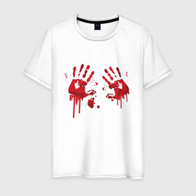 Мужская футболка хлопок с принтом Кровавые отпечатки рук , 100% хлопок | прямой крой, круглый вырез горловины, длина до линии бедер, слегка спущенное плечо. | Тематика изображения на принте: blood | bloody | creep | creepy | death | halloween | hand | hands | horror | kill | merch | murded | spooky | victim | жертва | капли | кровь | мерч | пятна | пятно | руки | след | следы | ужас | ужасы | ужасы мерч | хорро