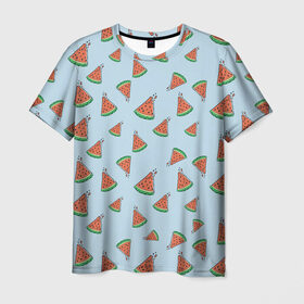 Мужская футболка 3D с принтом Кусочки арбуза , 100% полиэфир | прямой крой, круглый вырез горловины, длина до линии бедер | Тематика изображения на принте: арбуз | еда | текстура | фрукт