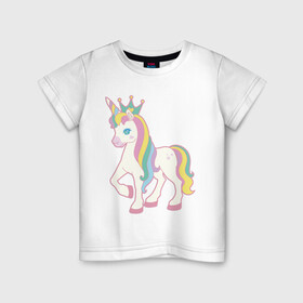 Детская футболка хлопок с принтом единорог корона лошадка , 100% хлопок | круглый вырез горловины, полуприлегающий силуэт, длина до линии бедер | герой | грива | детский | добрый | единорог | звездочки | конь | корона | лошадка | лошадь | персонаж | пони | радуга | радужный | рисунок | хвост