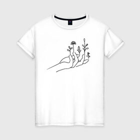 Женская футболка хлопок с принтом Hand flower , 100% хлопок | прямой крой, круглый вырез горловины, длина до линии бедер, слегка спущенное плечо | flo | flowers | растения | флористика | цветение | цветы