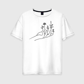 Женская футболка хлопок Oversize с принтом Hand flower , 100% хлопок | свободный крой, круглый ворот, спущенный рукав, длина до линии бедер
 | flo | flowers | растения | флористика | цветение | цветы