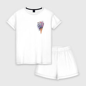 Женская пижама с шортиками хлопок с принтом Цветочное мороженое , 100% хлопок | футболка прямого кроя, шорты свободные с широкой мягкой резинкой | flo | flowers | растения | флористика | цветение | цветы