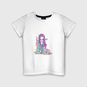Детская футболка хлопок с принтом русалка , 100% хлопок | круглый вырез горловины, полуприлегающий силуэт, длина до линии бедер | водросли | жемчужина | океан | ракушка | русалка