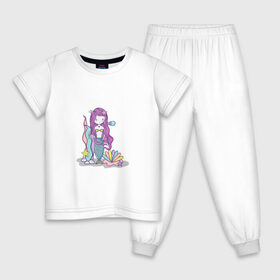 Детская пижама хлопок с принтом русалка , 100% хлопок |  брюки и футболка прямого кроя, без карманов, на брюках мягкая резинка на поясе и по низу штанин
 | водросли | жемчужина | океан | ракушка | русалка