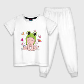 Детская пижама хлопок с принтом Малыш лягушенок , 100% хлопок |  брюки и футболка прямого кроя, без карманов, на брюках мягкая резинка на поясе и по низу штанин
 | бэби | ква | луг | лягушонок | малыш | младенец | поляна | ребенок | шапка