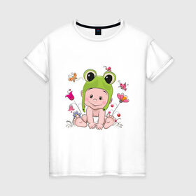 Женская футболка хлопок с принтом Малыш лягушенок , 100% хлопок | прямой крой, круглый вырез горловины, длина до линии бедер, слегка спущенное плечо | бэби | ква | луг | лягушонок | малыш | младенец | поляна | ребенок | шапка
