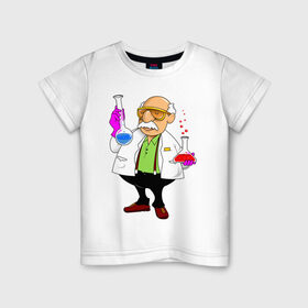 Детская футболка хлопок с принтом Ученый химик колбы , 100% хлопок | круглый вырез горловины, полуприлегающий силуэт, длина до линии бедер | биолог | дедуля | дедушка | колбы | лаборант | очки | перчатки | профессор | умник | ученый | халат | химик