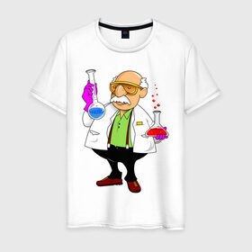 Мужская футболка хлопок с принтом Ученый химик колбы , 100% хлопок | прямой крой, круглый вырез горловины, длина до линии бедер, слегка спущенное плечо. | биолог | дедуля | дедушка | колбы | лаборант | очки | перчатки | профессор | умник | ученый | халат | химик