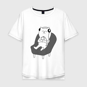 Мужская футболка хлопок Oversize с принтом кот в наушниках , 100% хлопок | свободный крой, круглый ворот, “спинка” длиннее передней части | Тематика изображения на принте: кот | котики | коты | кошка | музыка | наушники | телефон