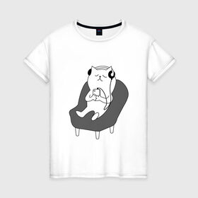 Женская футболка хлопок с принтом кот в наушниках , 100% хлопок | прямой крой, круглый вырез горловины, длина до линии бедер, слегка спущенное плечо | кот | котики | коты | кошка | музыка | наушники | телефон