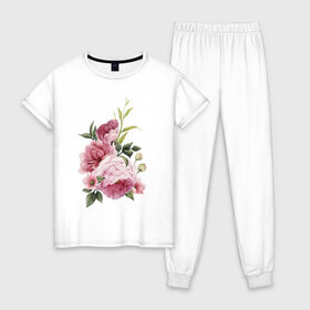 Женская пижама хлопок с принтом Акварельные розы , 100% хлопок | брюки и футболка прямого кроя, без карманов, на брюках мягкая резинка на поясе и по низу штанин | акварель | ботаника | весна | женственность | иллюстрация | нежность | рисунок | розы | цветы