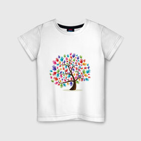 Детская футболка хлопок с принтом Дерево листья ладошка , 100% хлопок | круглый вырез горловины, полуприлегающий силуэт, длина до линии бедер | Тематика изображения на принте: дерево | детский | ладошки | листья | мир | отпечатки | природа | рисунок | руки | символ