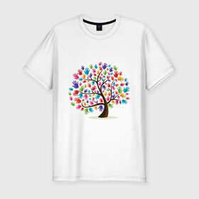 Мужская футболка хлопок Slim с принтом Дерево листья ладошка , 92% хлопок, 8% лайкра | приталенный силуэт, круглый вырез ворота, длина до линии бедра, короткий рукав | дерево | детский | ладошки | листья | мир | отпечатки | природа | рисунок | руки | символ
